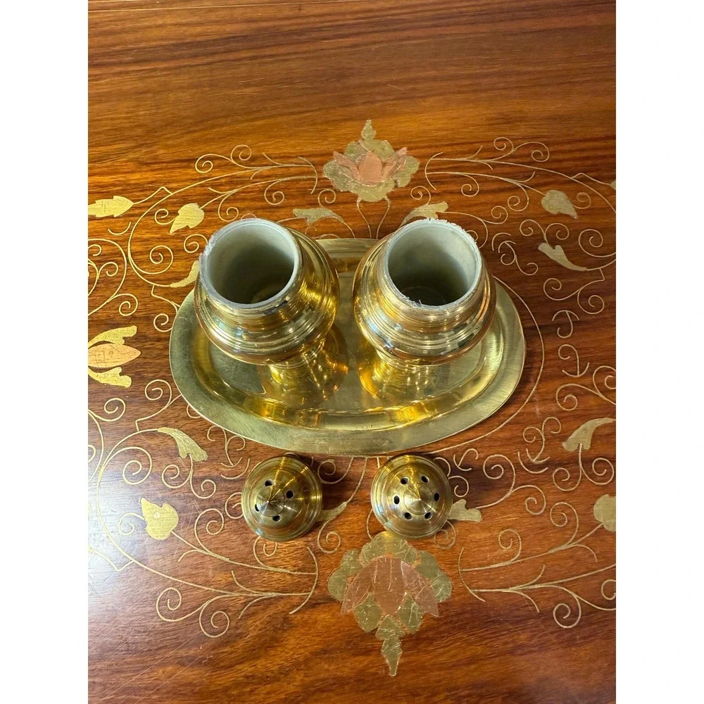Vintage Brass Salt and Pepper‎ Shaker Set with Tray